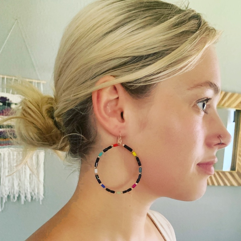 Large Beaded Black Hoops